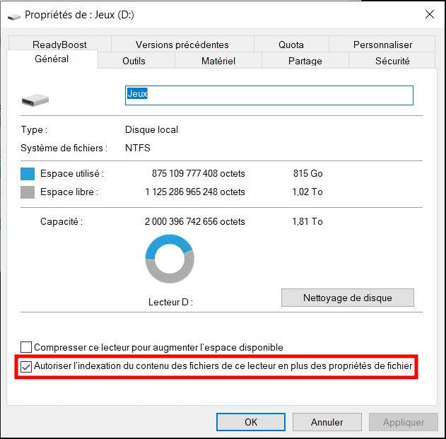 windows option indexation fichiers ssd