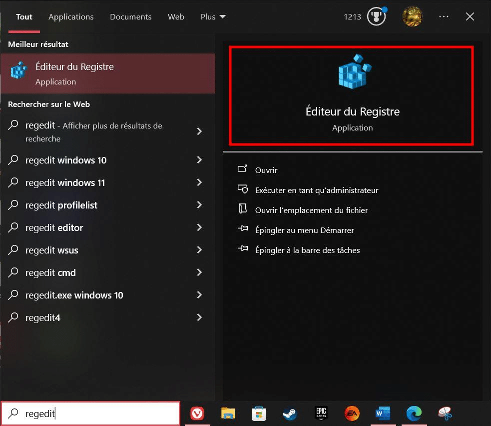 windows menu editeur registre