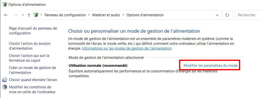 windows modifier paramètres gestion alimentation