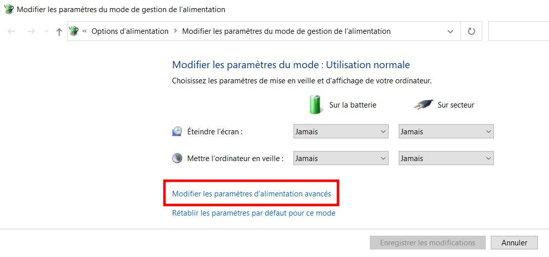 windows modifier paramètres alimentation avancés