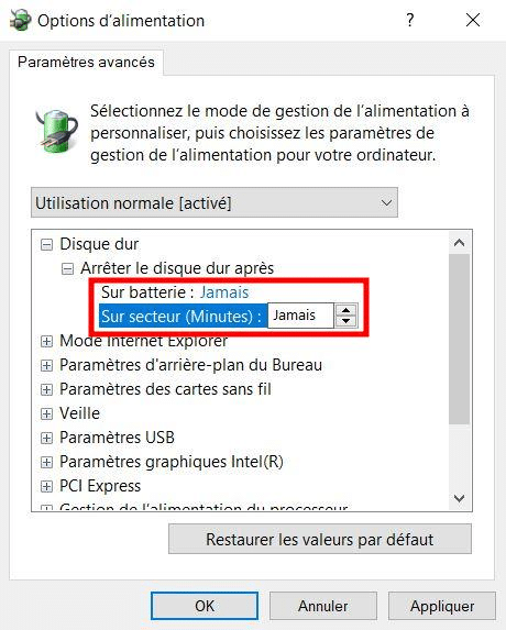 windows modifier paramètres avancés alimentation sur secteur