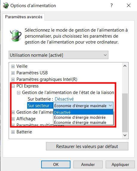 windows désactiver gestion alimentation économie énergie