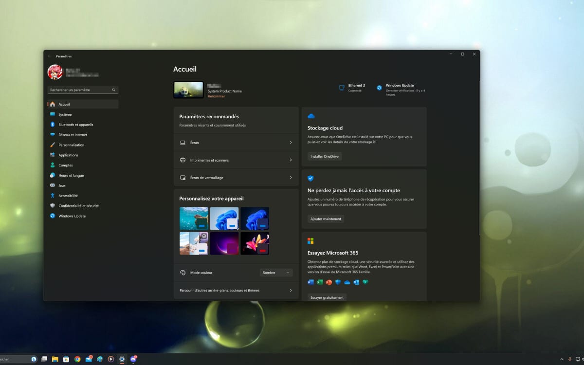 Windows 11 desktop paramètres