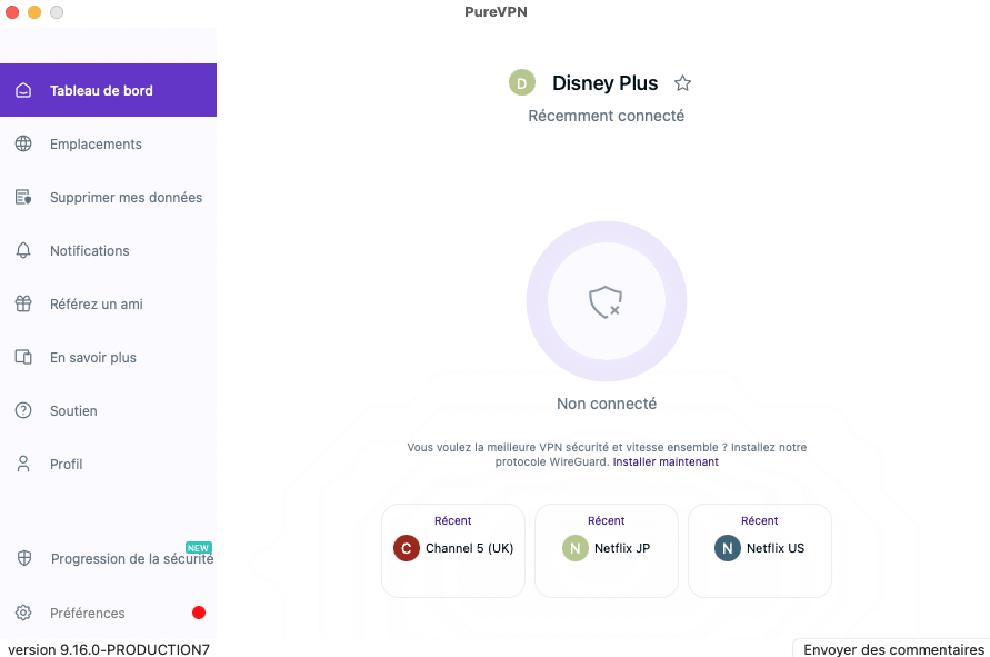 tableau de bord Pure VPN