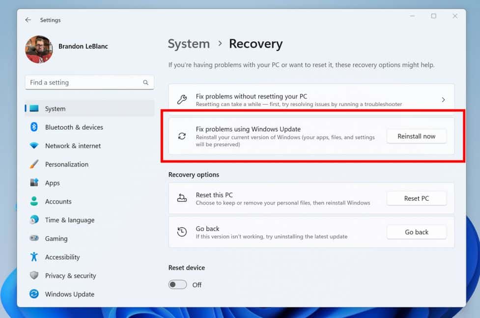 Windows 11 réparé ou réinstallé depuis Windows Update