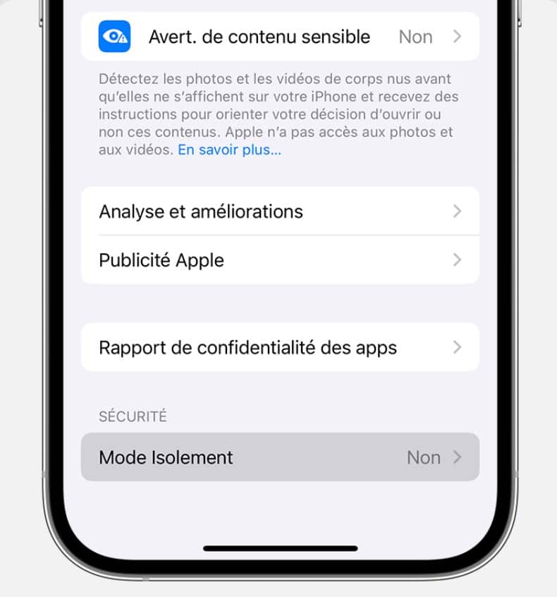 Mode Isolement iPhone
