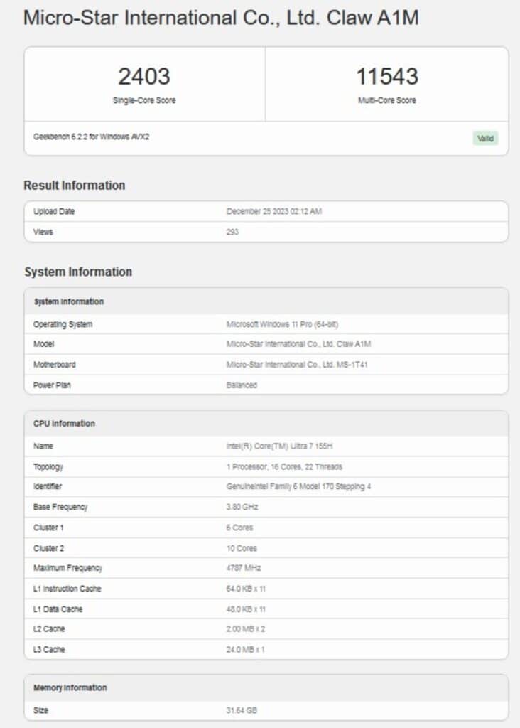 MSI Claw geekbench(1)