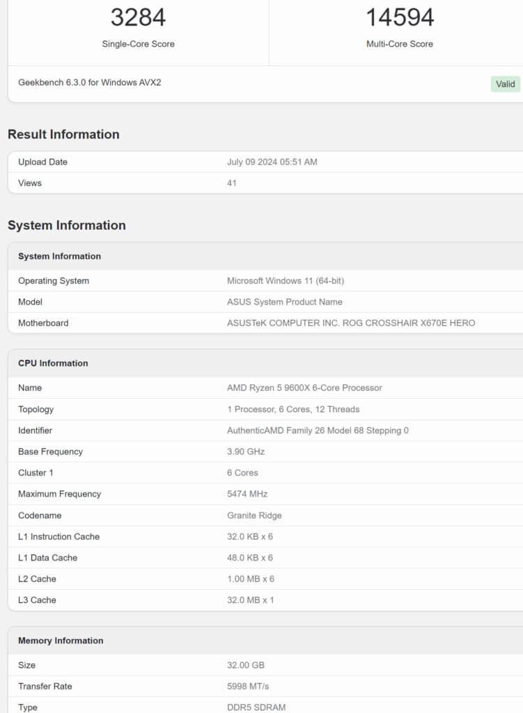 Résultats Geekbench Ryzen 5 9600X