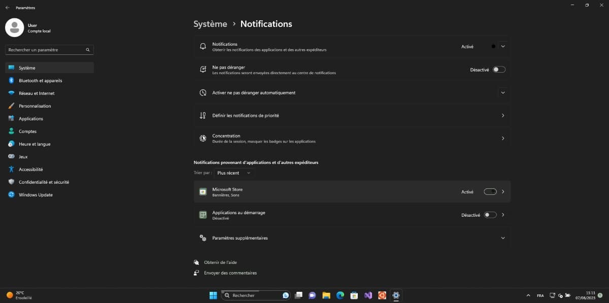 Activer les notifications Windows 11