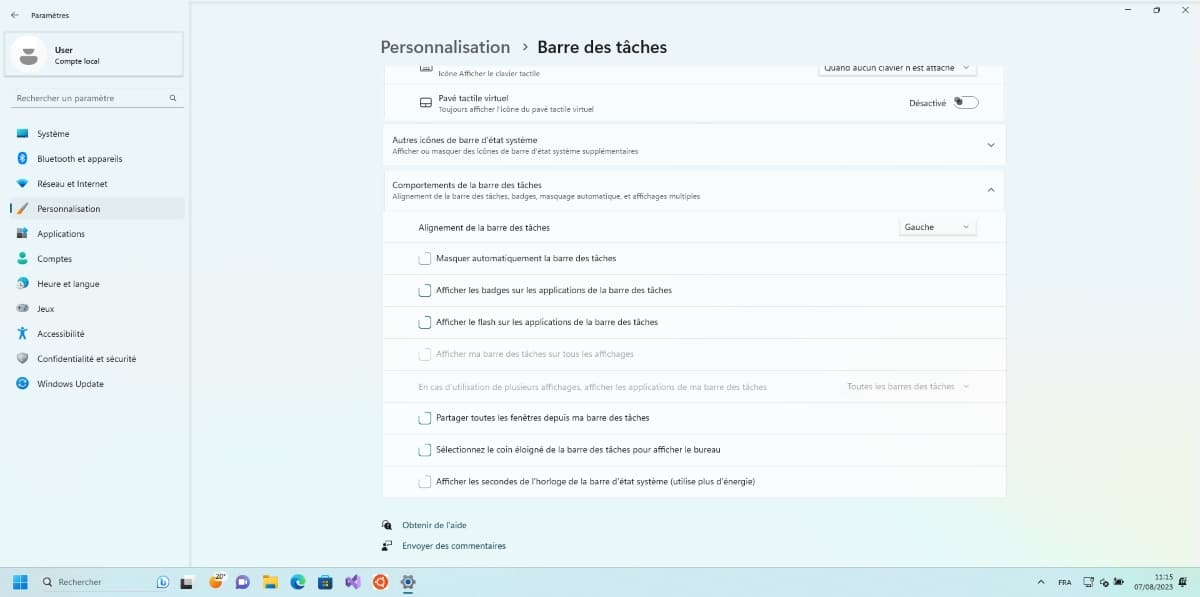 Personnaliser la barre des tâches Windows 11