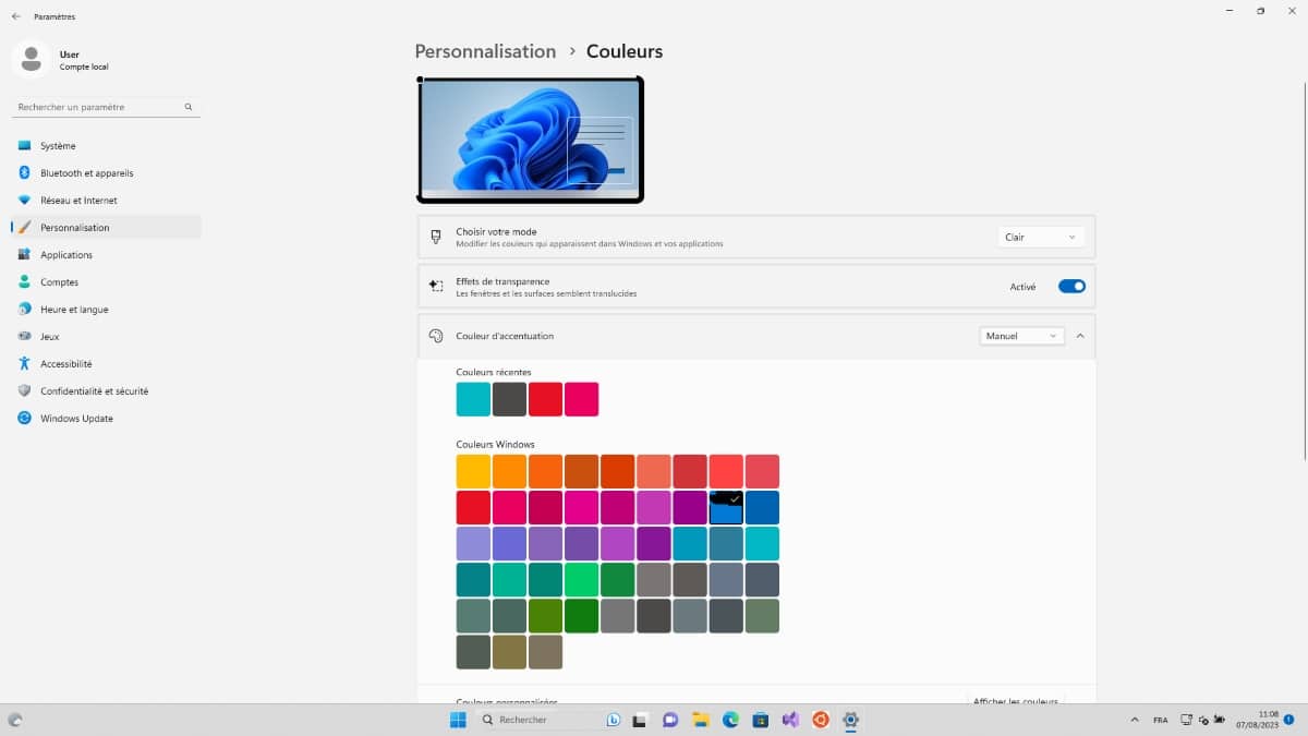 Personnalisation des couleurs Windows 11