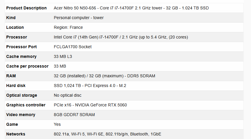caractristiques de la rtx 5060