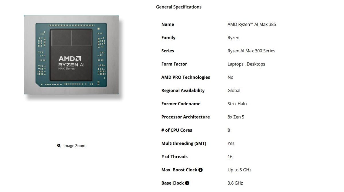 caractéristiques du amd ryzen ai max 385
