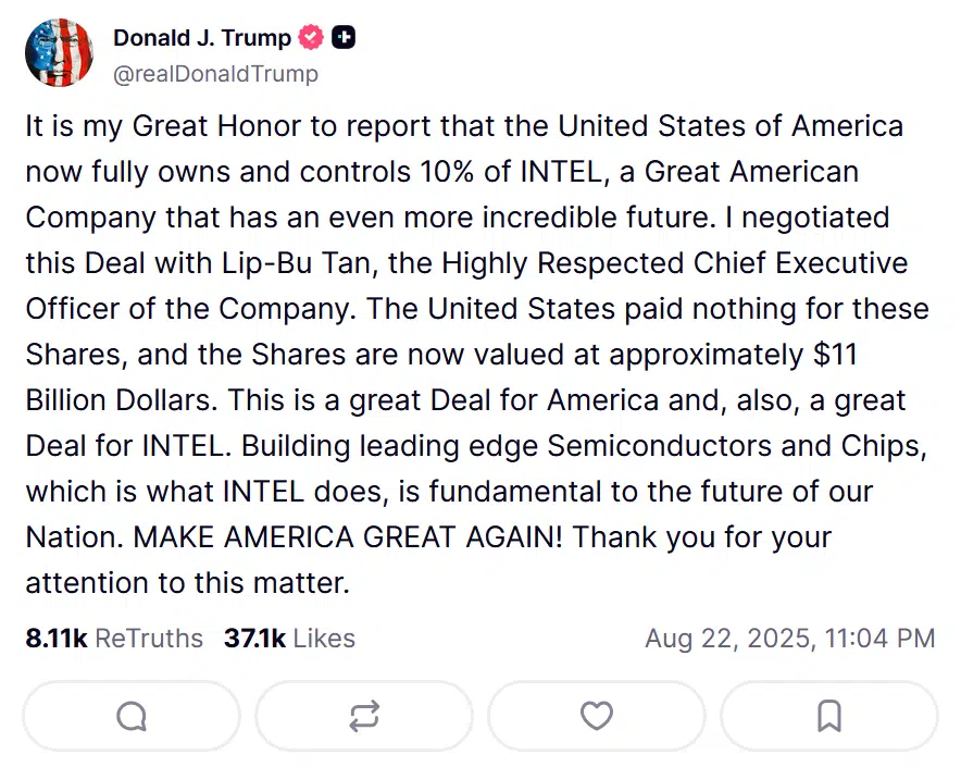 annonce de trump sur l'acquisition de 10% d'intel