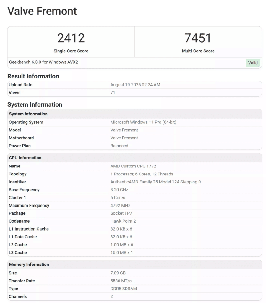valve fremont benchmark geekbench