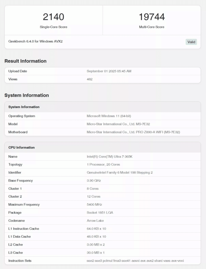 core ultra 7 365k benchmark