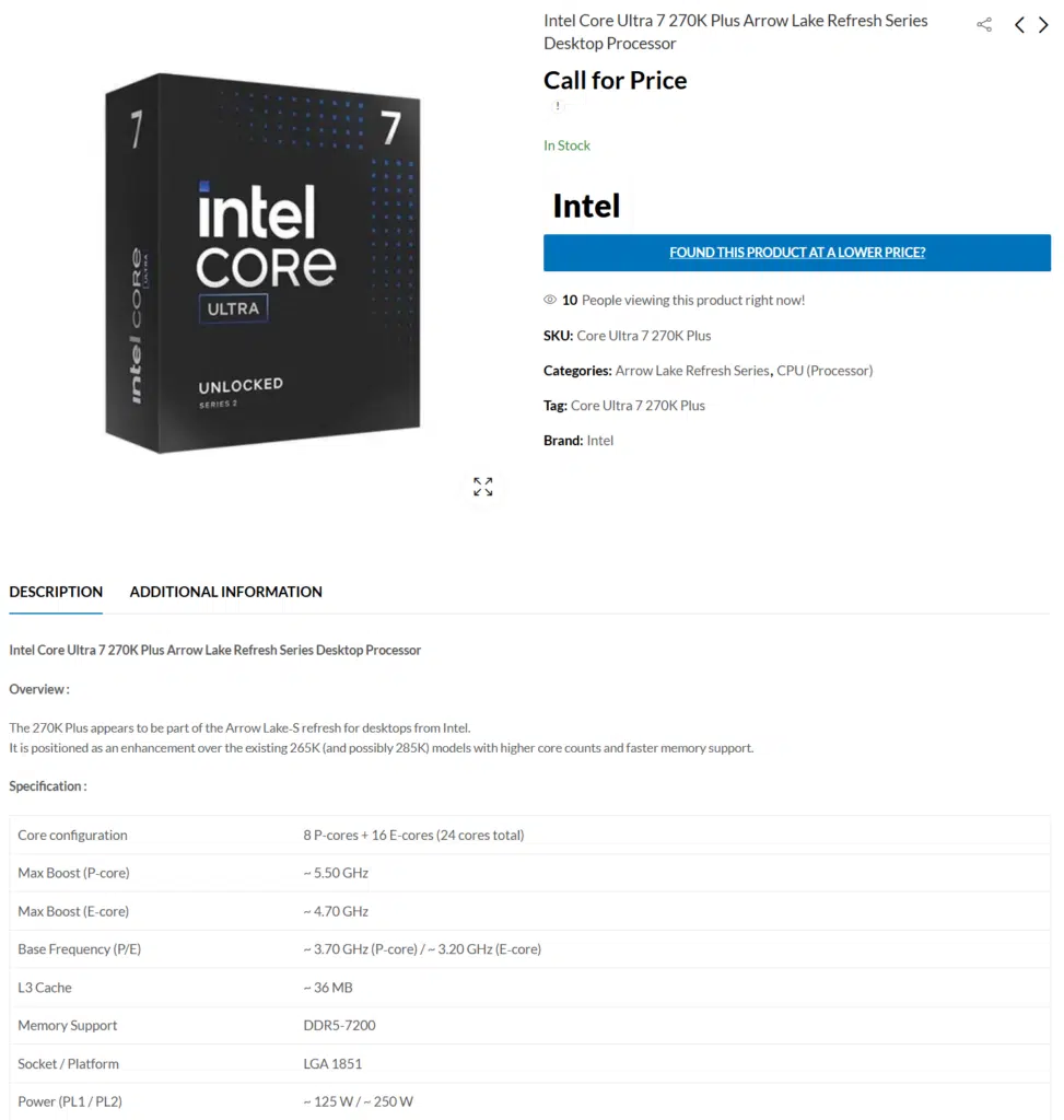 intel core ultra 7 Plus 270k caractéristiques