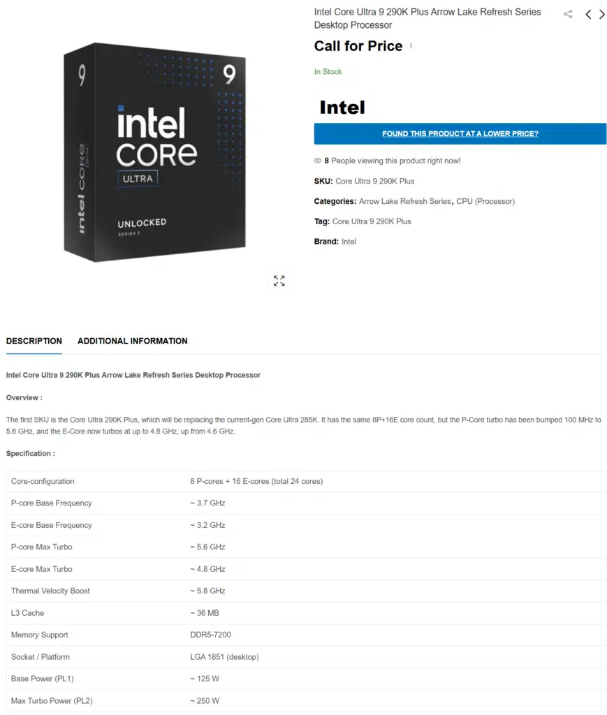intel core ultra 9 Plus 290k caractéristiques