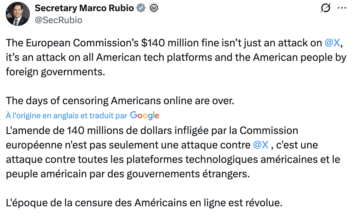 réaction marco rubio amende elon musk ue