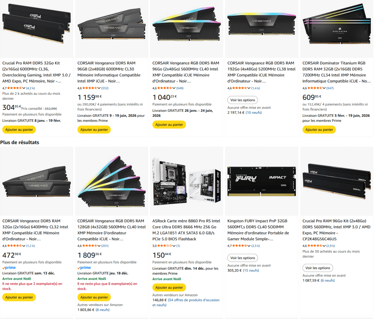 prix ram amazon 128 et 192 go