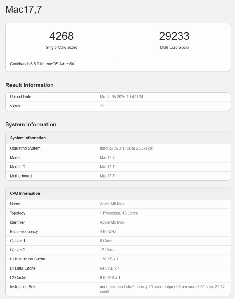 puce m5 max score geekbench