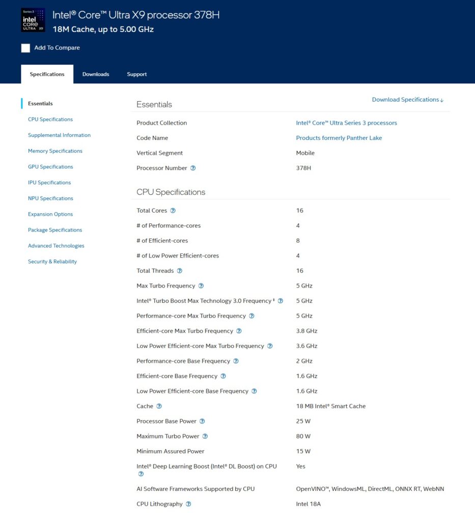 intel core ultra x7 378h caracteristiques