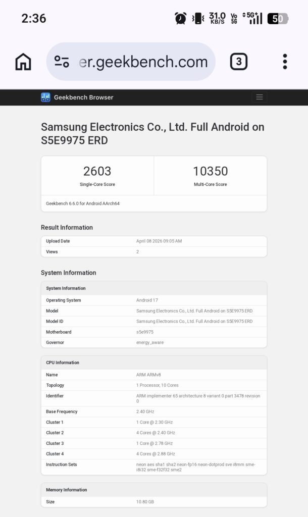 bernchmark de l'exynos 2700 de samsung
