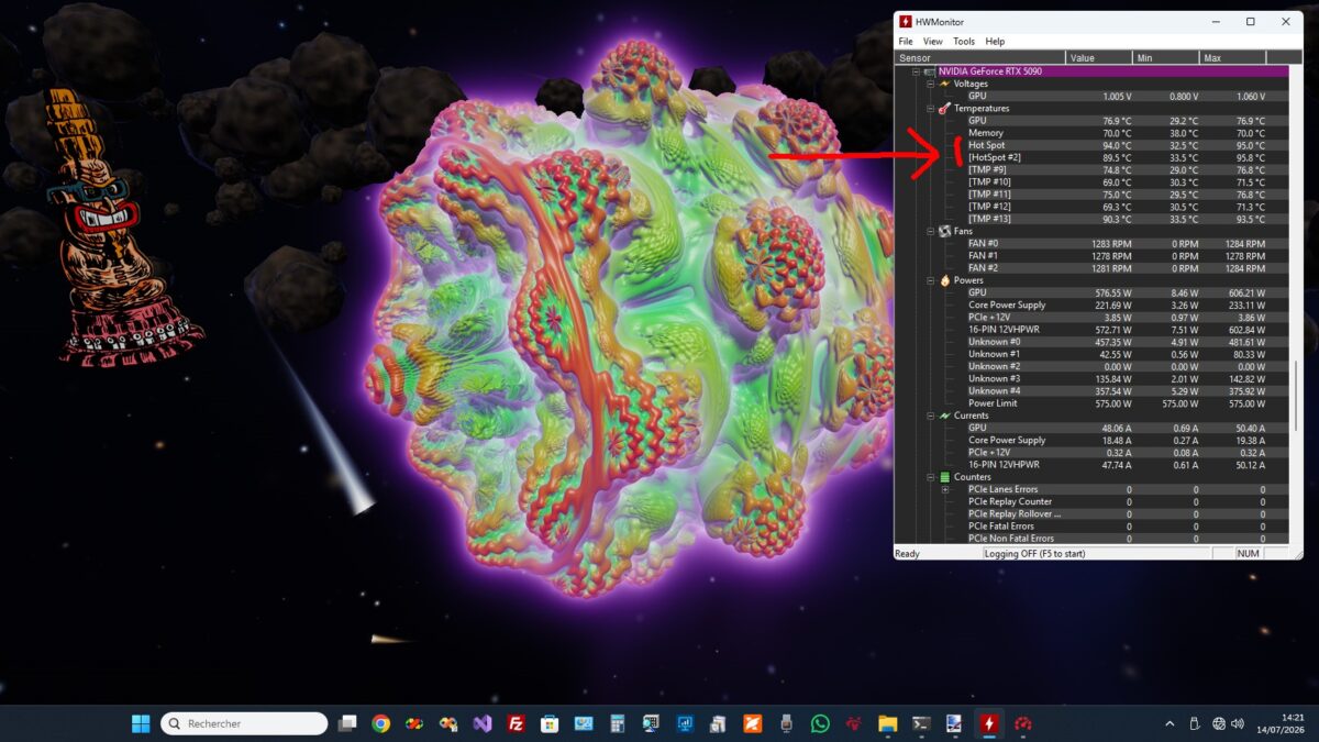 temperatures cartes rtx 50 sur hwmonitor