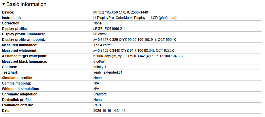 mesures hdr écran msi mpg 271QR qd oled x50 sdr