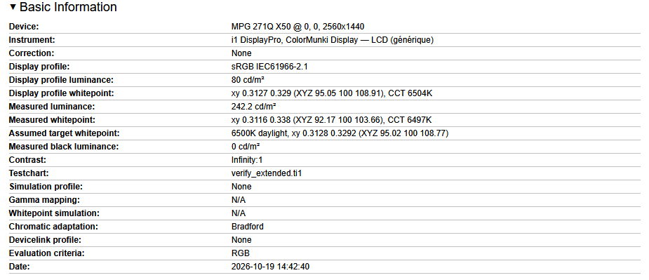 mesures écran msi mpg 271QR qd oled x50 sdr